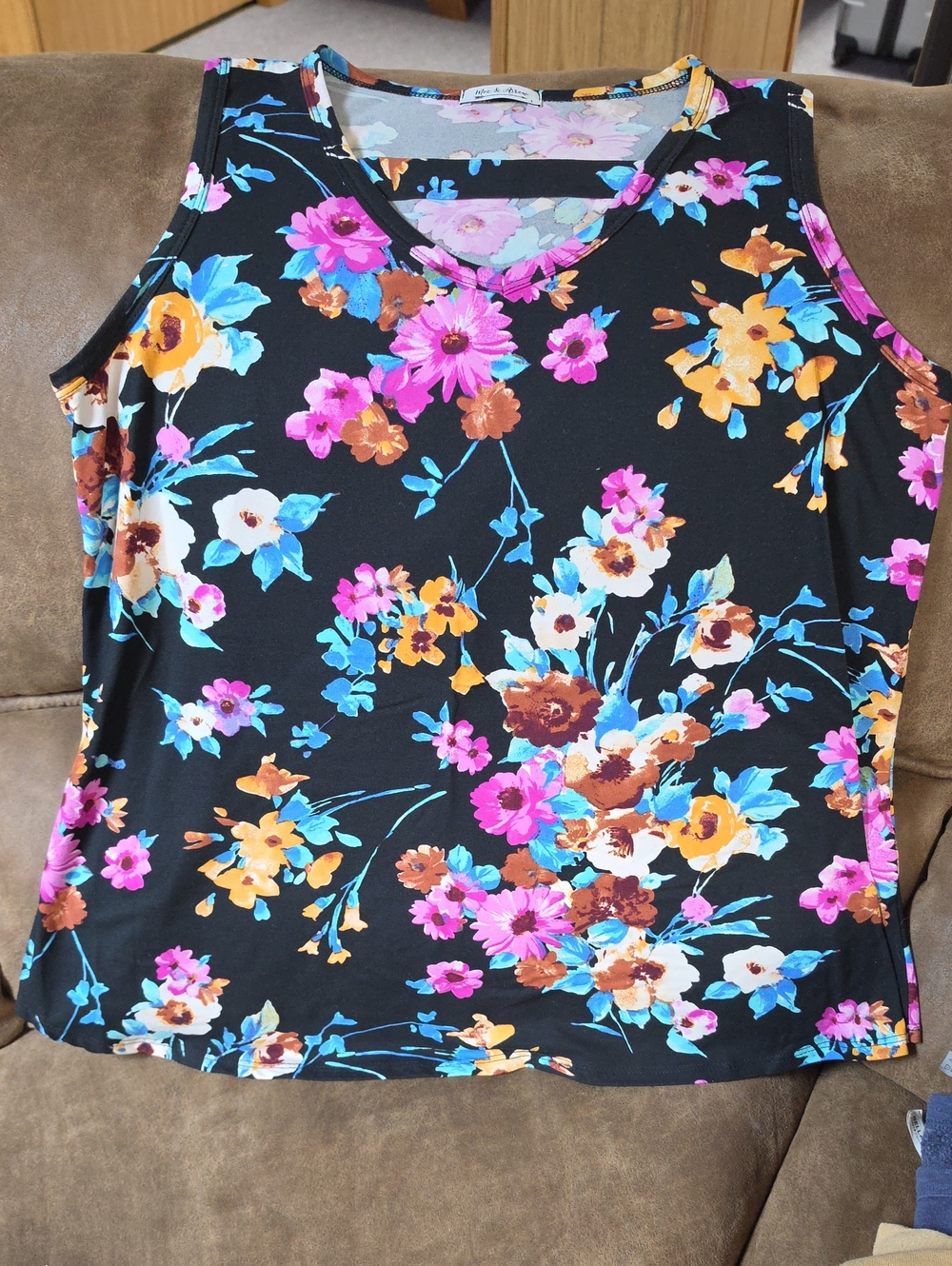 Floral V-Neck Sleeveless Top - Black with Pink & Yellow Flowers